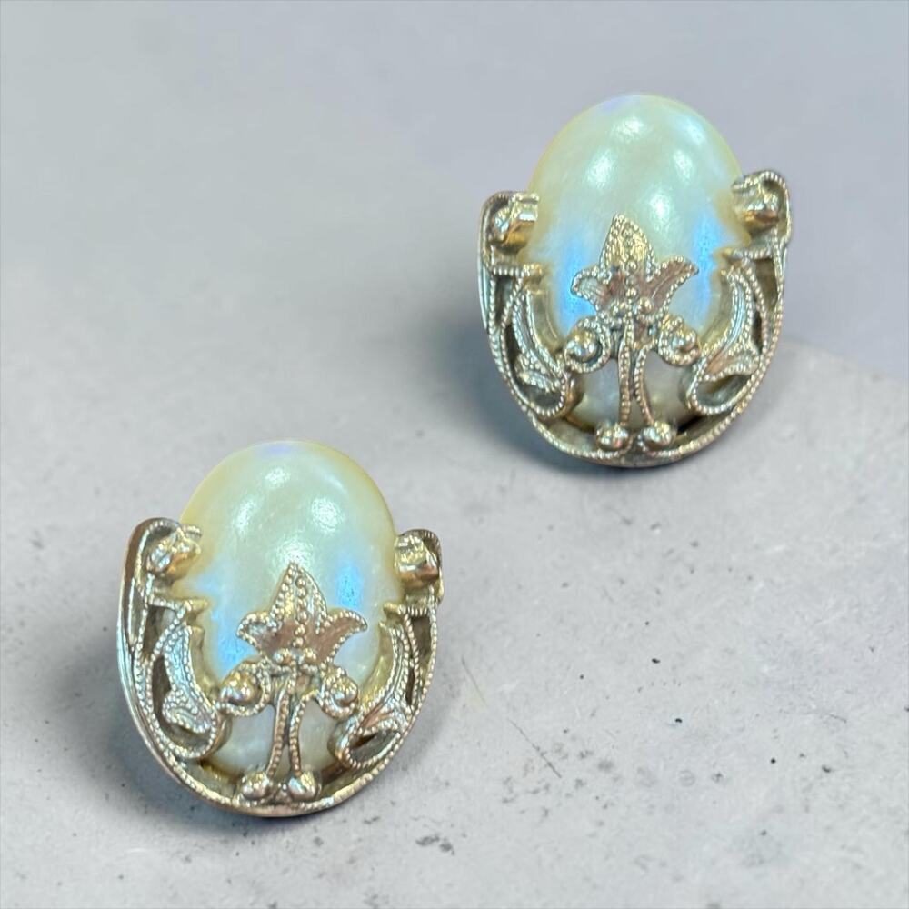 Vintage 1928 Opalescent Moonstone Fleur de Lis Art Nouveau Earrings